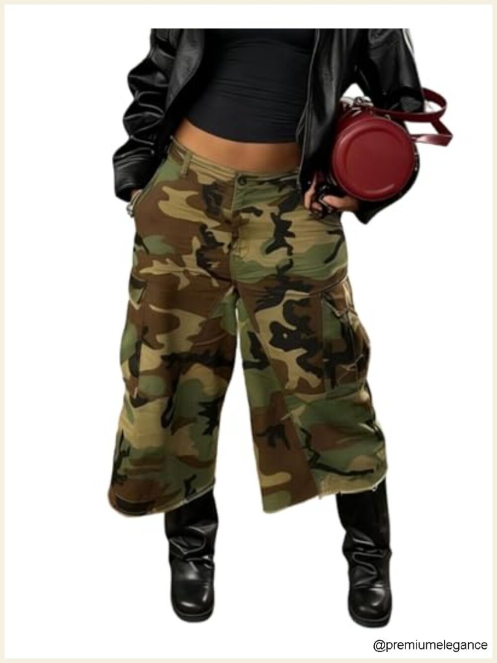 Women's Cargo Barrel Wide Leg Baggy Cropped Pants Camo Army Fatigue Polyester